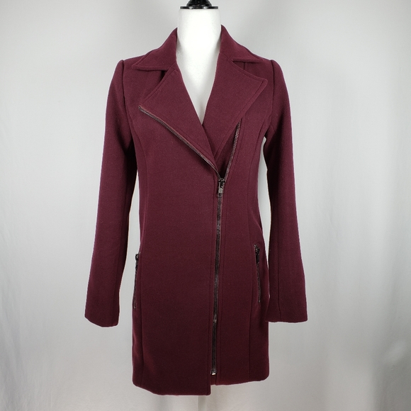 NEW- Missguided Faux-Wool Biker Burgundy Coat - Picture 2 of 6